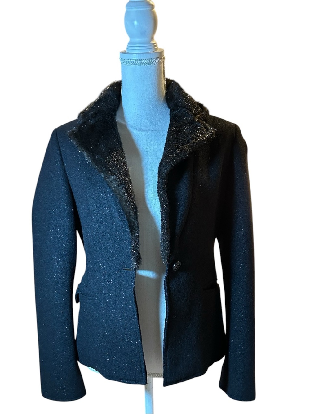 Shine Black Faux Fur Trim Blazer Jacket